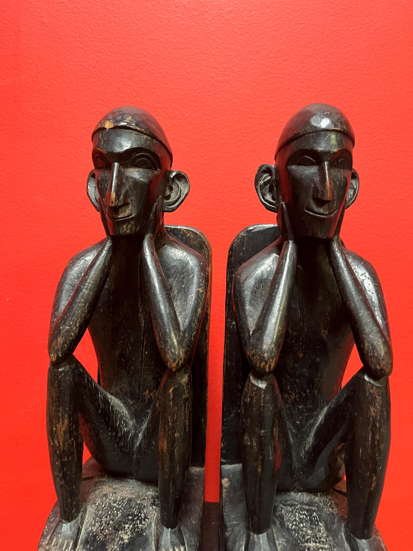 Unbelievably cool early antique African 12 inch tall wooden statue bookends some age damage so see photos  fabulous patina - wow