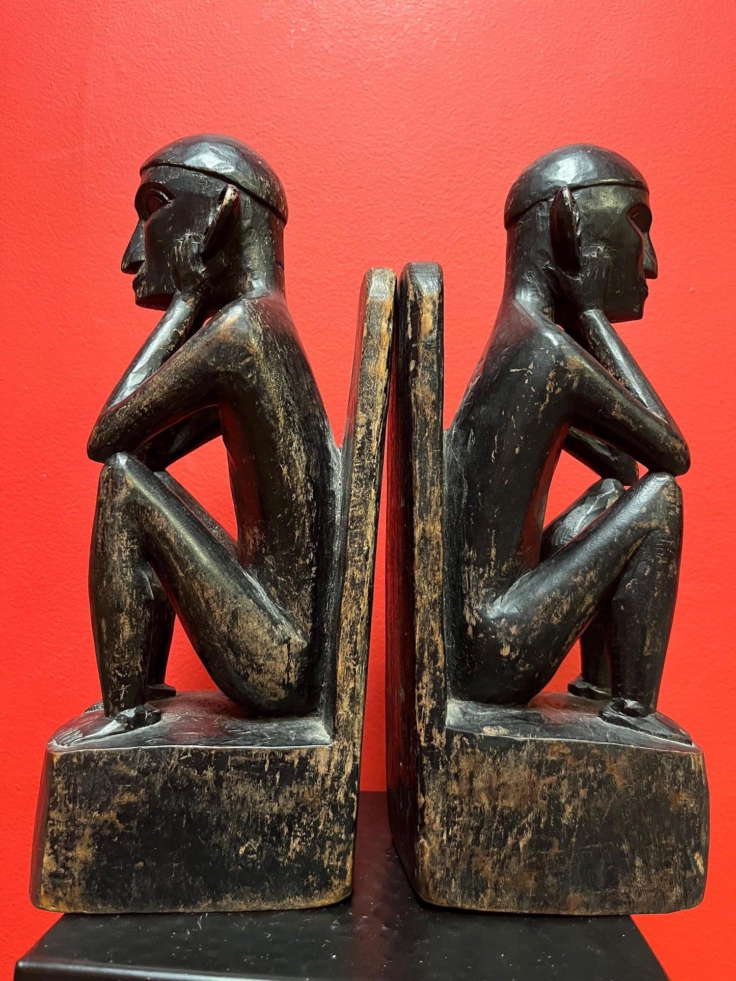 Unbelievably cool early antique African 12 inch tall wooden statue bookends some age damage so see photos  fabulous patina - wow