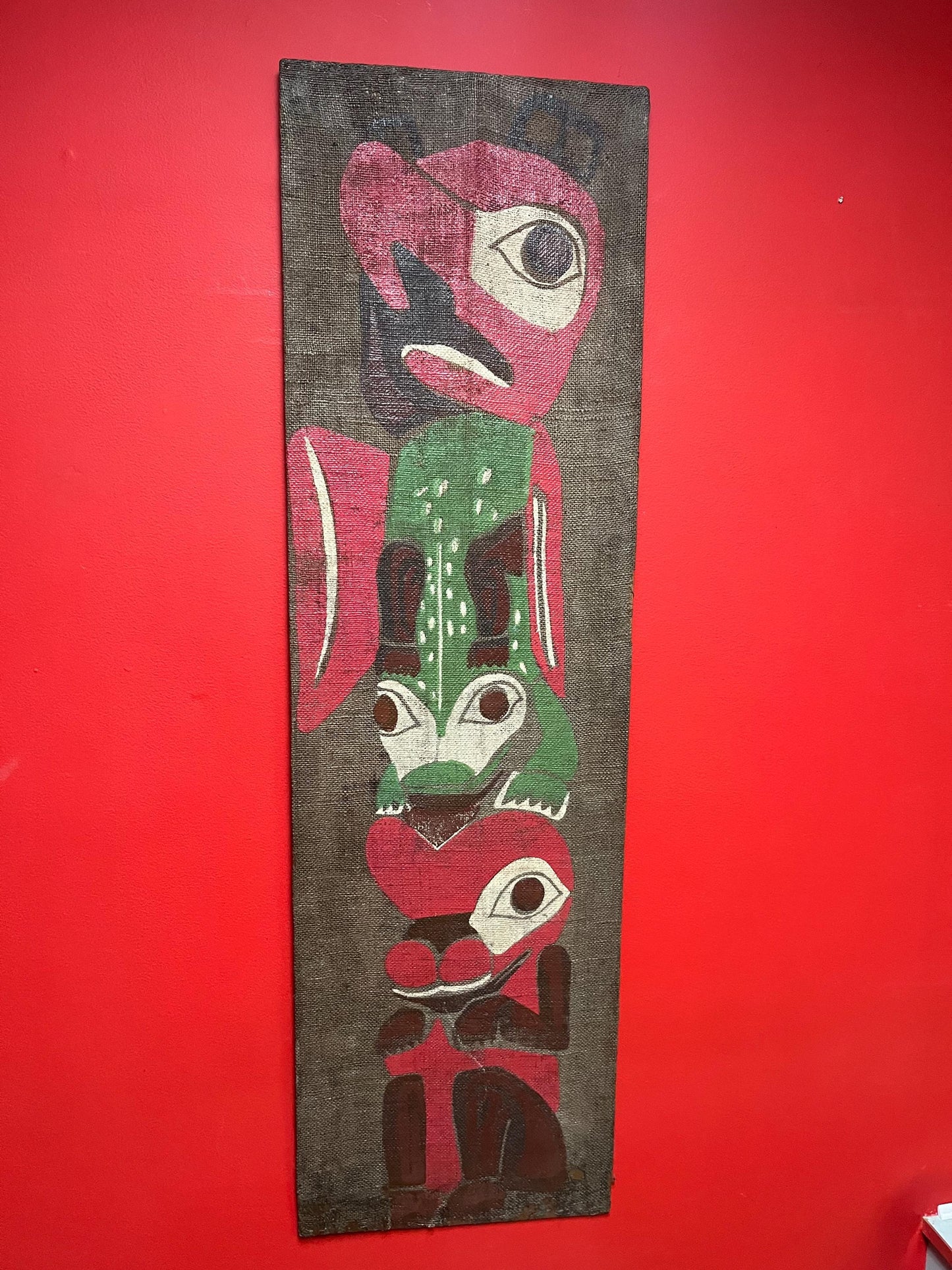 museum quality 19 century indigenous First Nations Pacific Northwest coast painted fabric on wood panel totem pole plaque art  -47 x 14