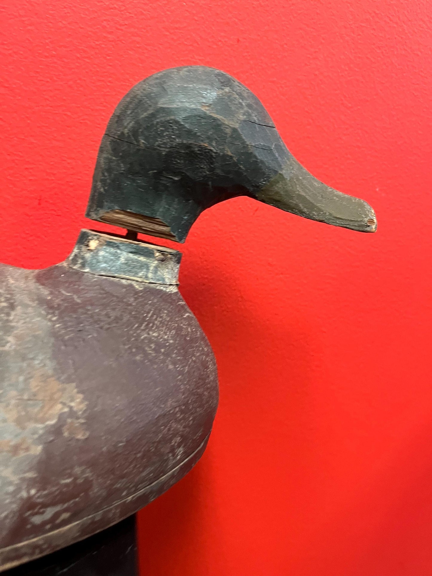 Super old  Lovely antique Canadian 18 inch long wooden painted duck decoy  damage  to neck  wonderful patina  one of the best