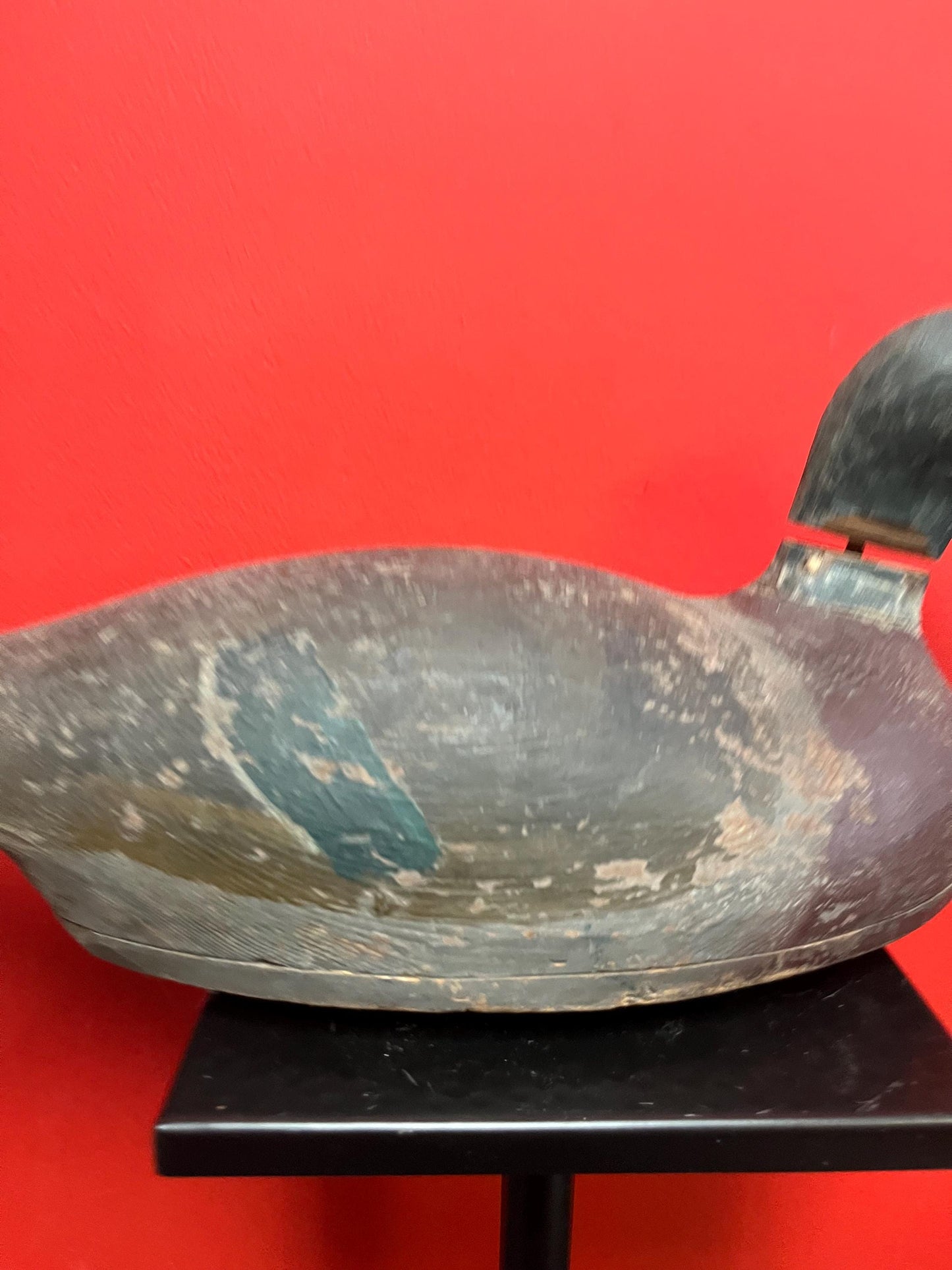 Super old  Lovely antique Canadian 18 inch long wooden painted duck decoy  damage  to neck  wonderful patina  one of the best