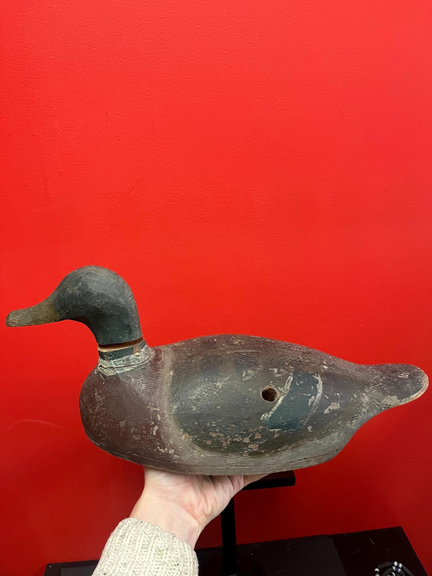 Super old  Lovely antique Canadian 18 inch long wooden painted duck decoy  damage  to neck  wonderful patina  one of the best