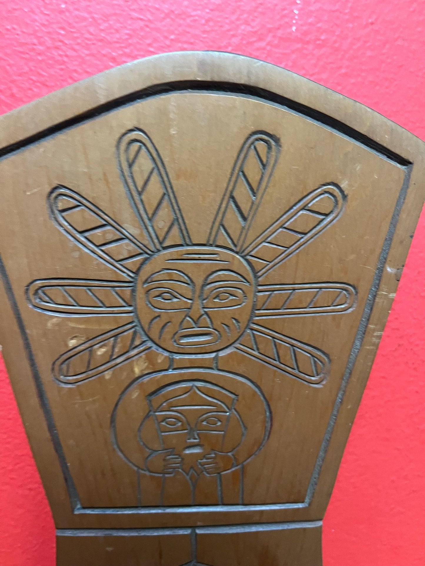 Unusual indigenous first nation pacific northwest coast Cedar plaque 11 x 5 wide  sun mask holding copper  great detail, ready to hang