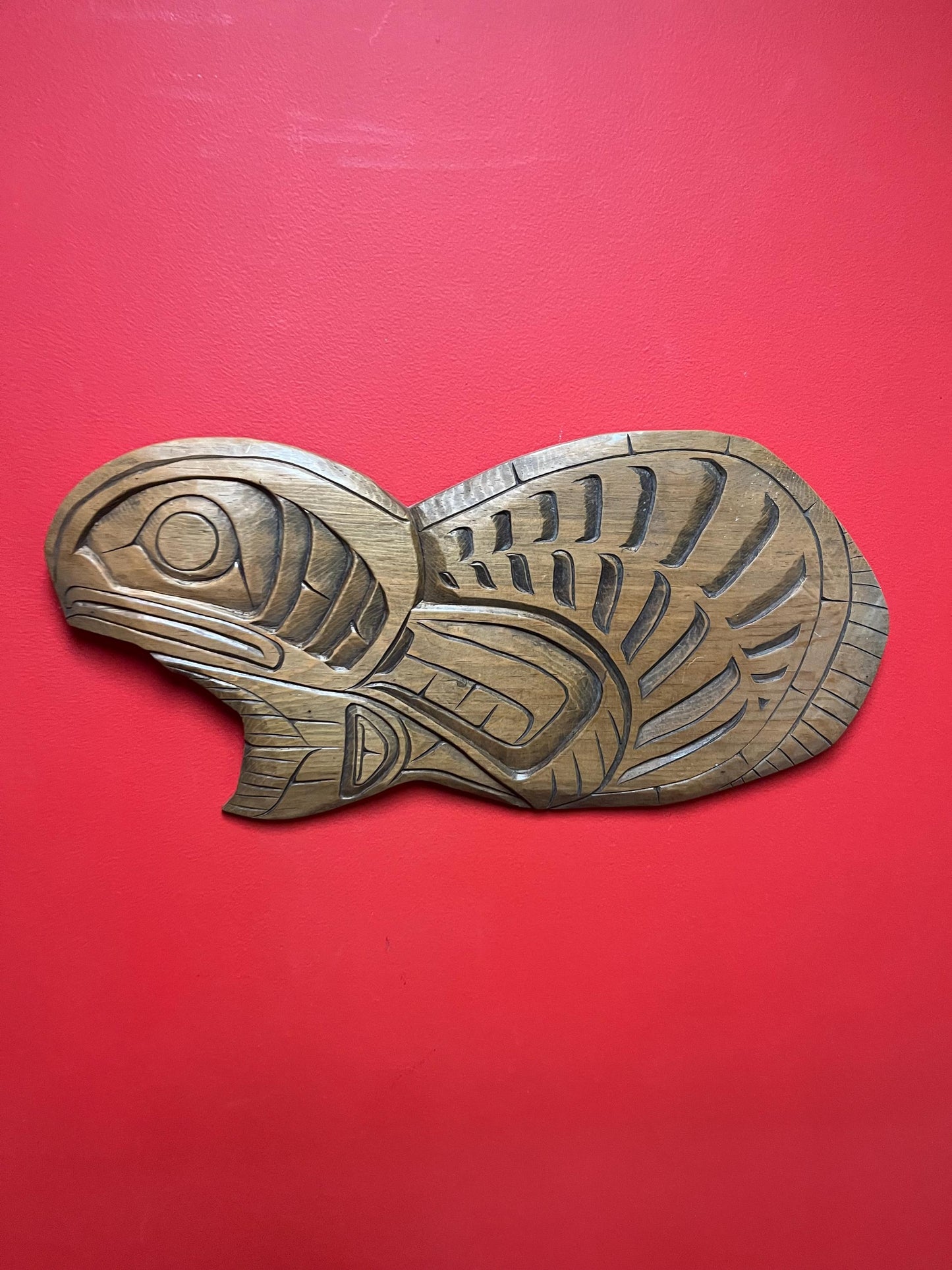 Lovely indigenous first nation pacific north West Coast Albert Bruce 23 x 12 salmon plaque in cedar  great detail  ready to hang