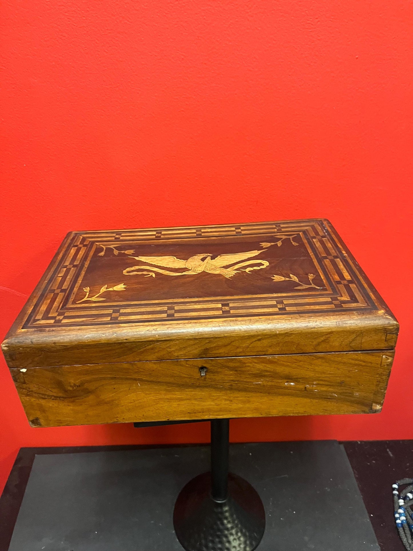 Beautiful 13 x 9 x 5 high English antique inlaid box  wonderful imagery  and good condition with light crack on top  value priced