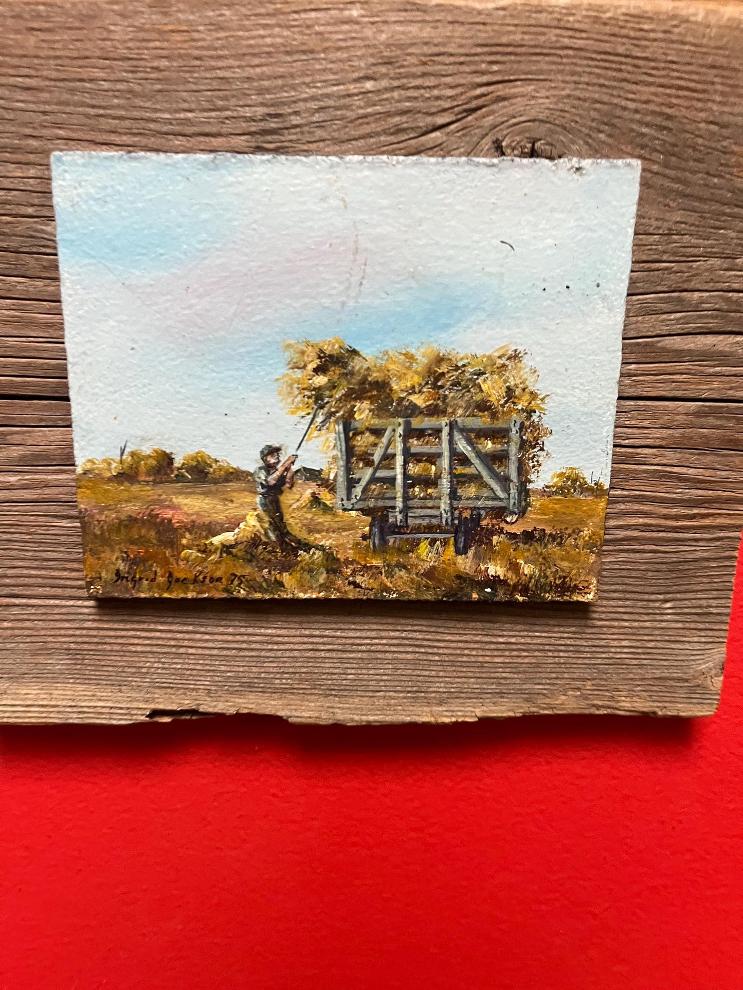 Beautiful 8 x 8 original painting by Saskatchewan artist Ingrid Jackson  farm scene on Barn wood  info on back great gift