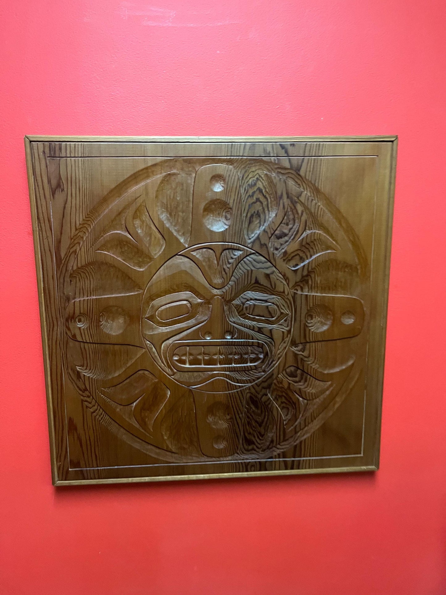 Stunning signed 22 x 22“ indigenous first nations pacific north West Coast cedar sun mask plaque  incredible detail and ready to hang -