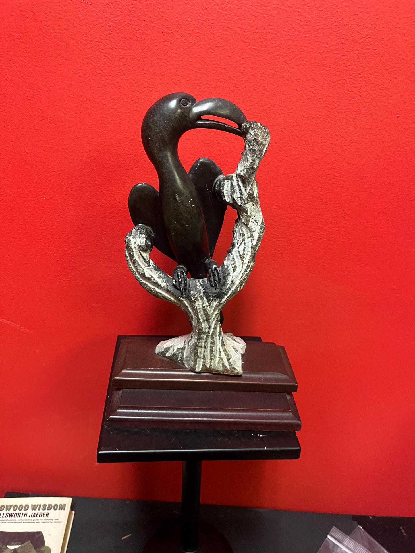 Stunning African Zimbabwe stone serpentine sculpture of birds   hornbills  on stand  12 x 8 inch - heavy and cool