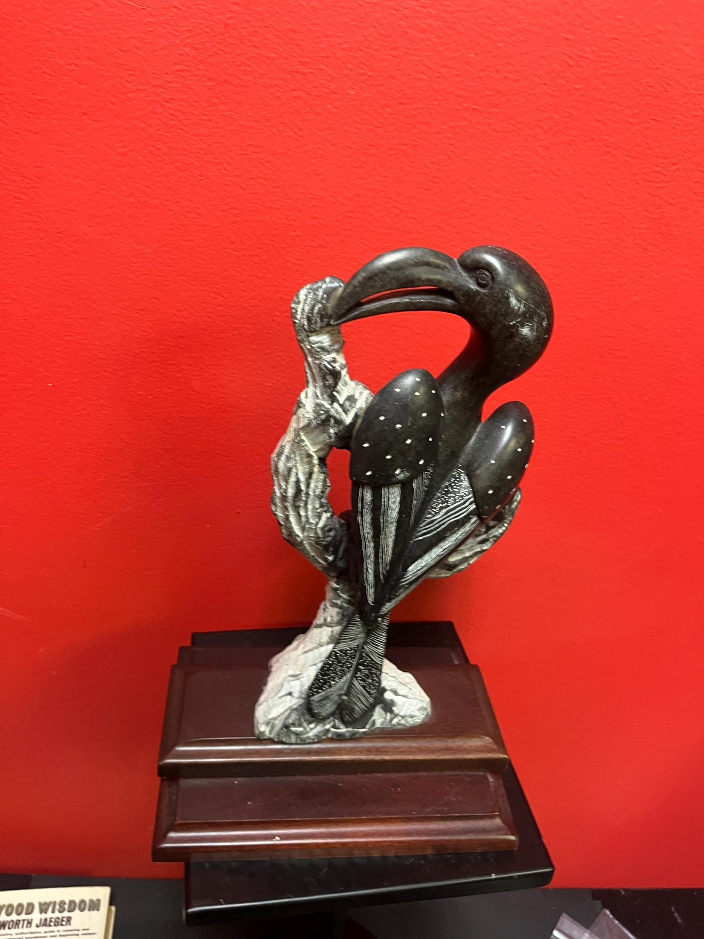 Stunning African Zimbabwe stone serpentine sculpture of birds   hornbills  on stand  12 x 8 inch - heavy and cool