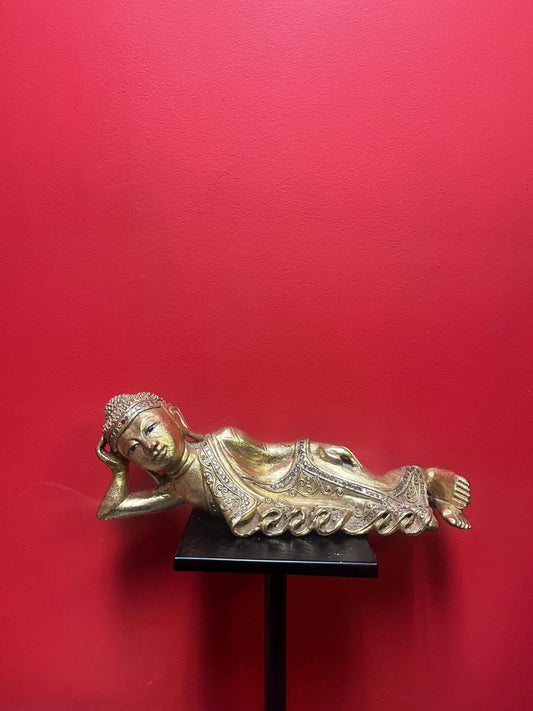 Incredible Asian 16 x 4 x 6 high wood  and gilded reclining Buddha  old piece  great condition  statement piece great value