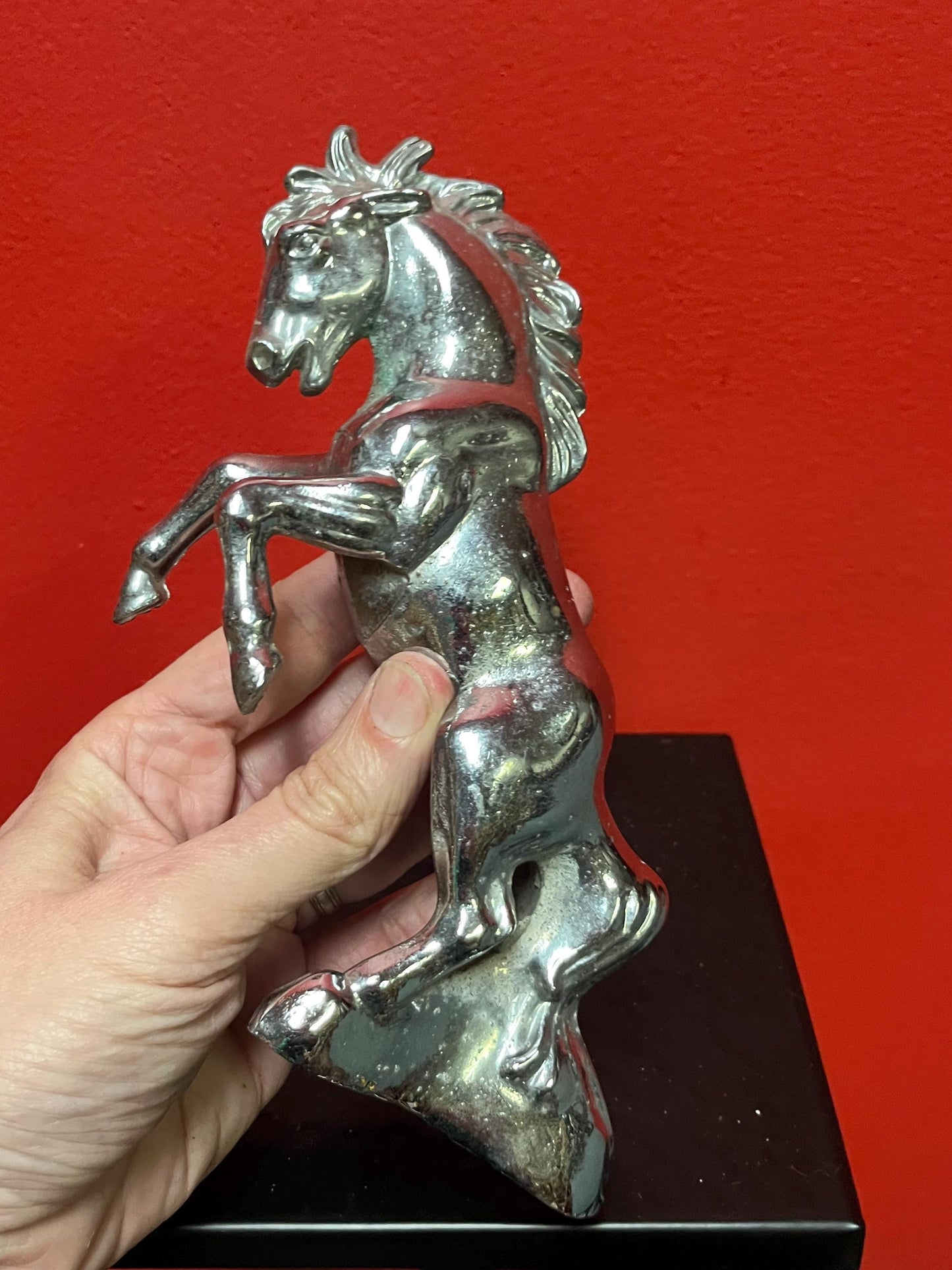 Very cool pair of vintage 9 inch high signed chrome car mascot horses in rough condition great value could be restored