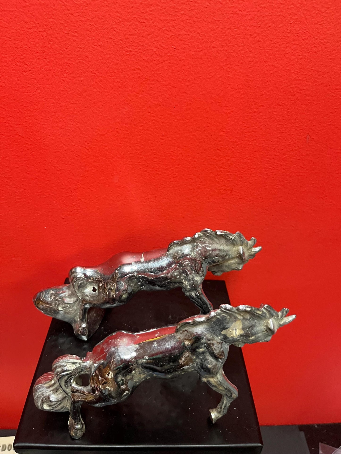 Very cool pair of vintage 9 inch high signed chrome car mascot horses in rough condition great value could be restored