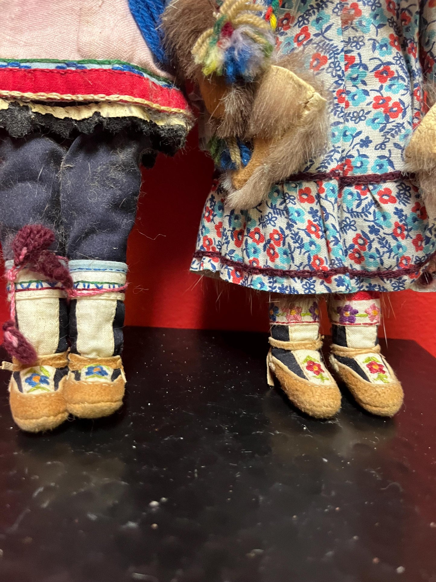 Pair of 9 inch tall first nations indigenous Inuit  cloth dolls with amazing boots see photos but  pretty good condition