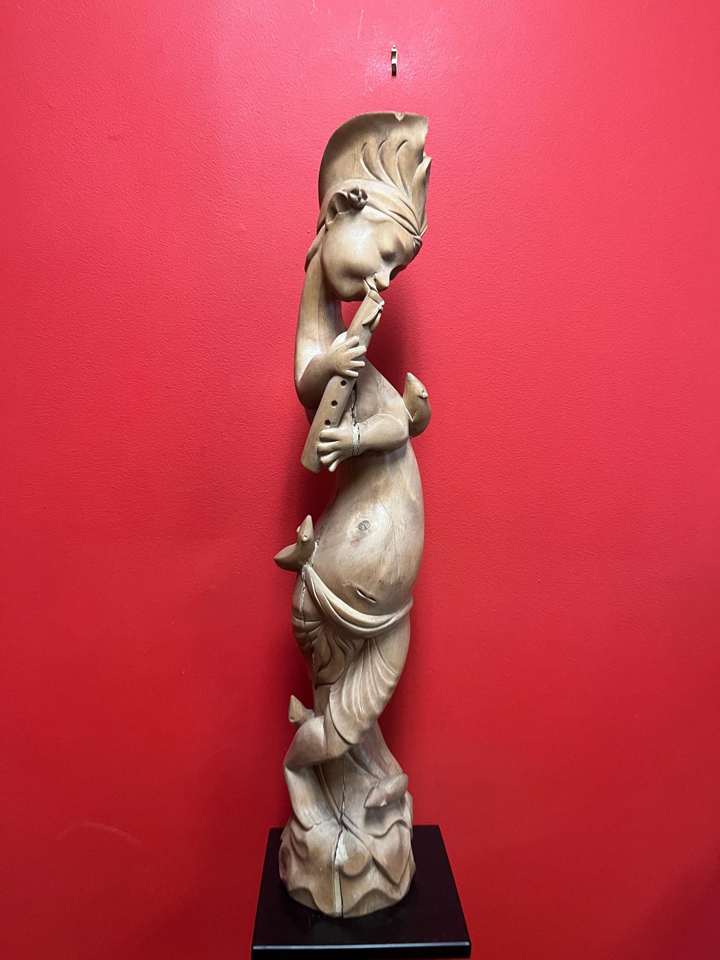 Stunning antique Indonesian teak statue of a musical player with mice  powerful imagery and 29 inches tall  some age cracks see photos