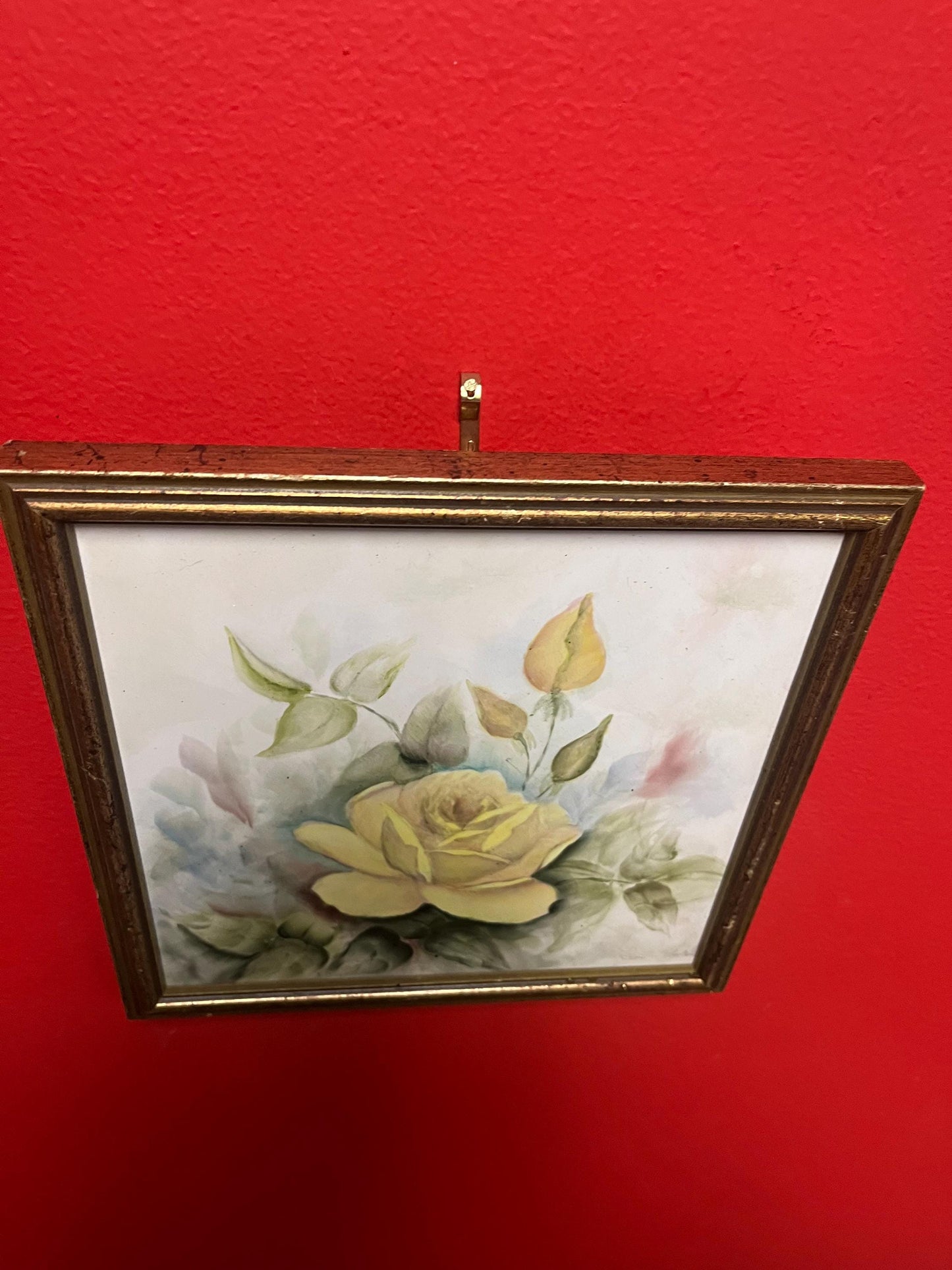 Lovely antique 8 1/2 inch hand painted tile in gilt frame  wonderful quality - special price