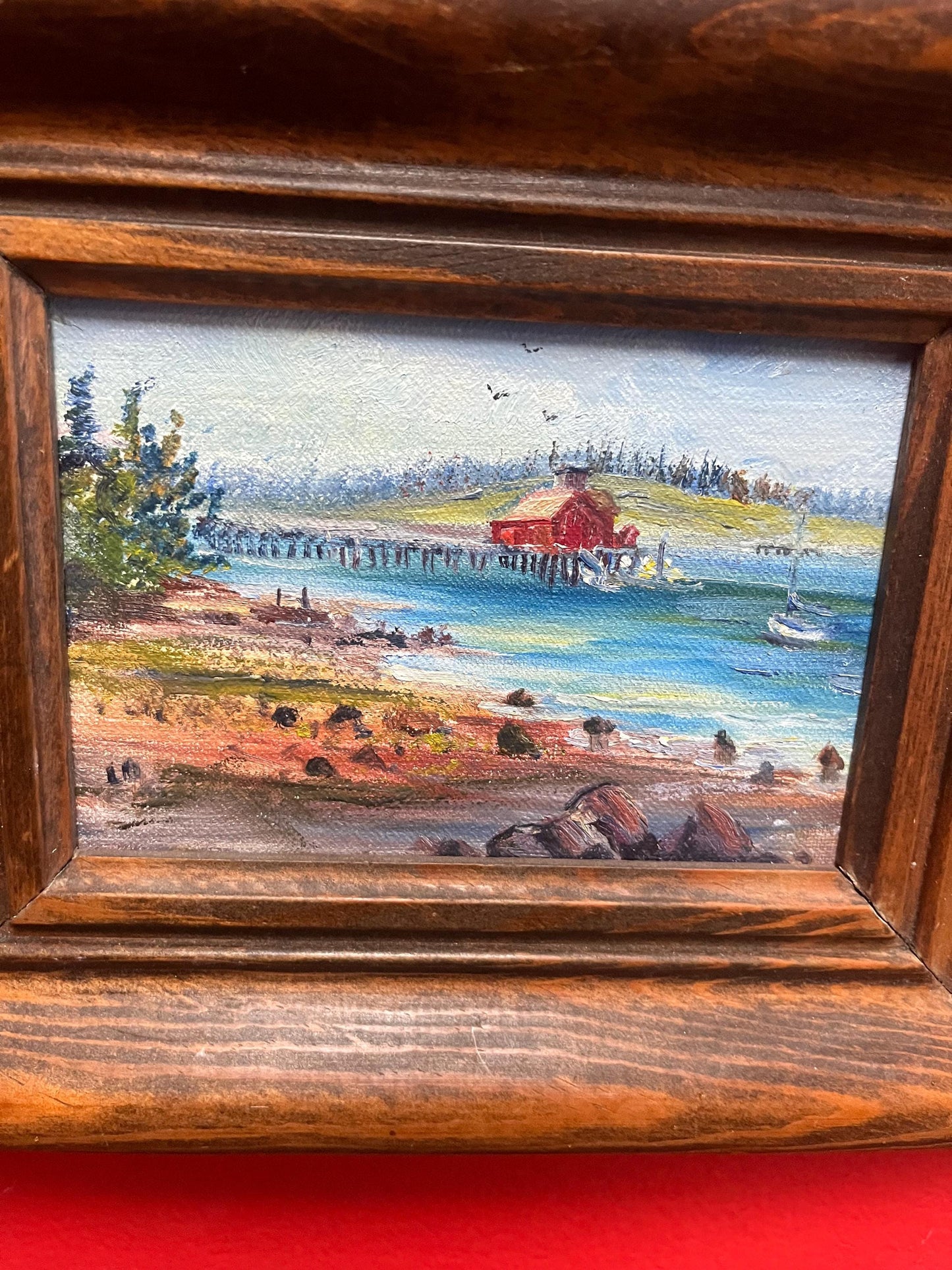 Beautiful 11 x 8 original painting of a Coastal scene on Board in stunning wood frame  special price  signed on back dated 1956