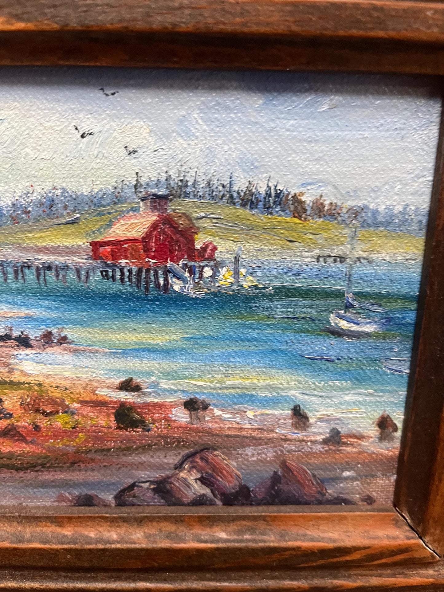 Beautiful 11 x 8 original painting of a Coastal scene on Board in stunning wood frame  special price  signed on back dated 1956