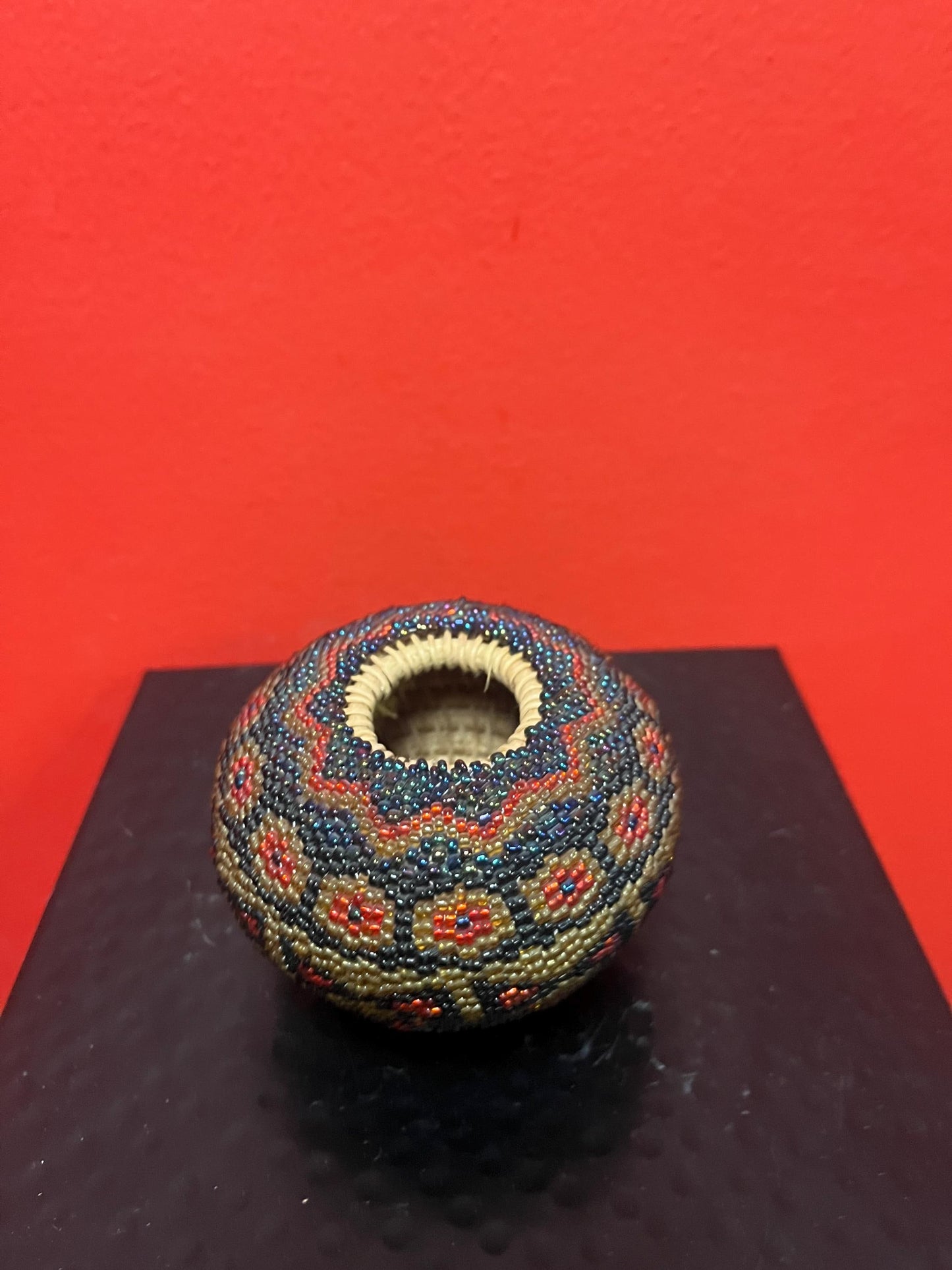 Approx 3 inch high indigenous beaded basket  exceptional condition and quality