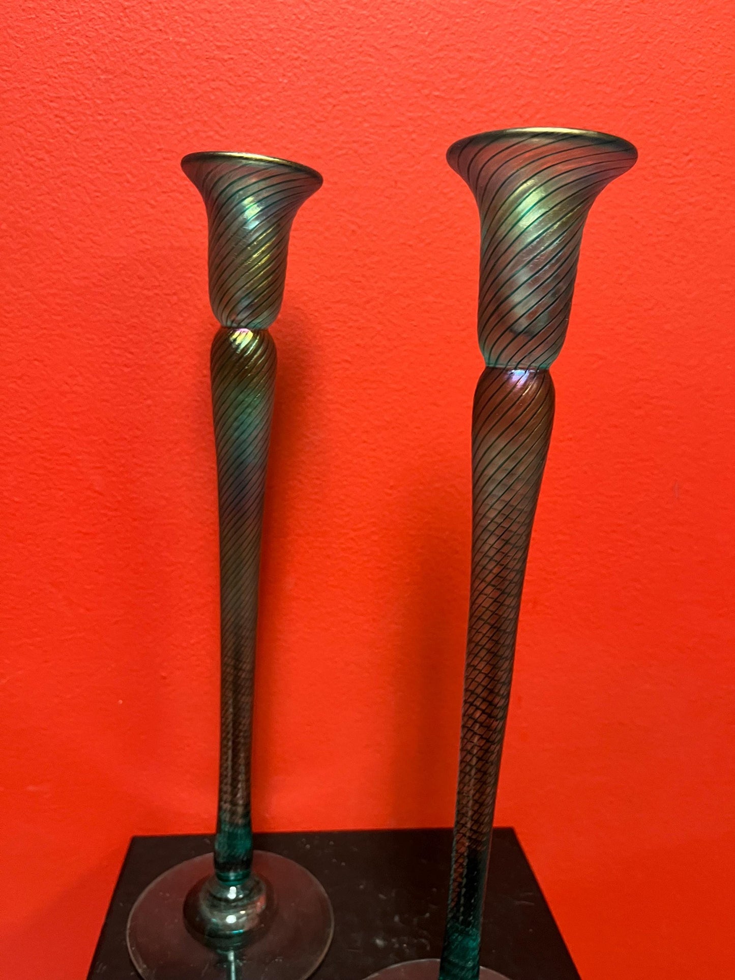 Magnificent 12 inch tall Vancouver Island Robert held candlesticks  iridescent beautiful pair  wow wow