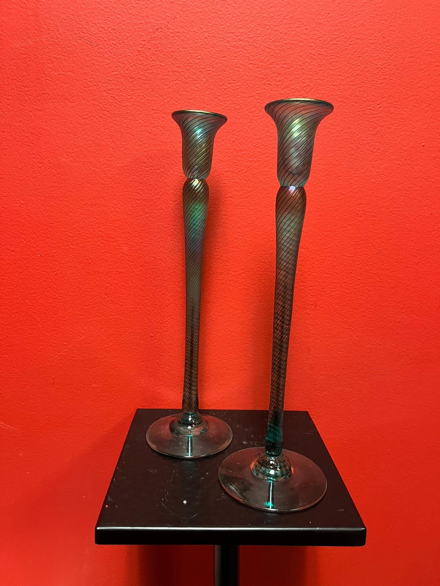 Magnificent 12 inch tall Vancouver Island Robert held candlesticks  iridescent beautiful pair  wow wow