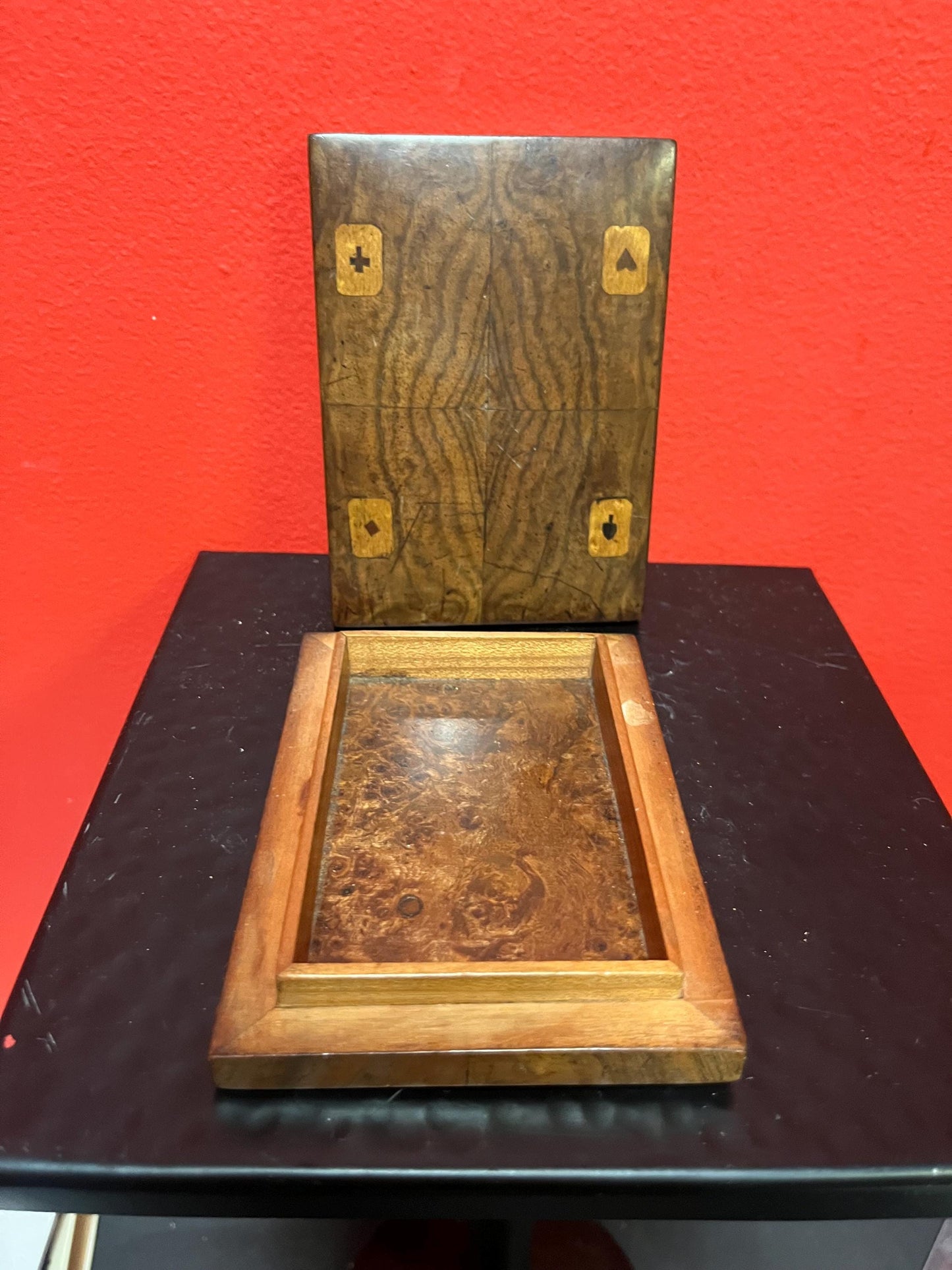 Absolutely fabulous antique walnut playing card box  well decorated and 5 x 4 wide