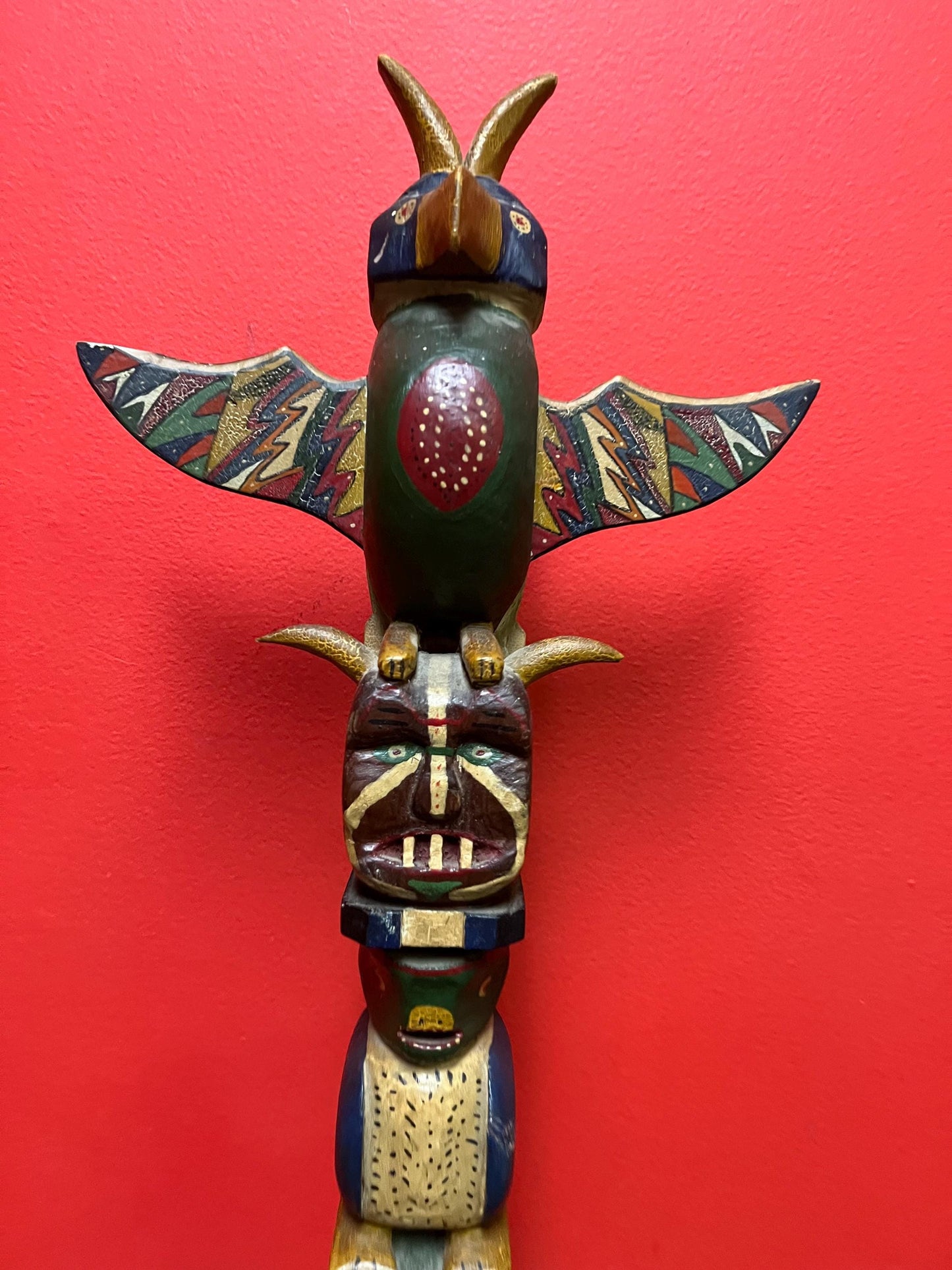 Antique 22 x 9 wide fabulous authentic indigenous first nation Pacific Northwest Coast unsigned polychrome totem pole  the best