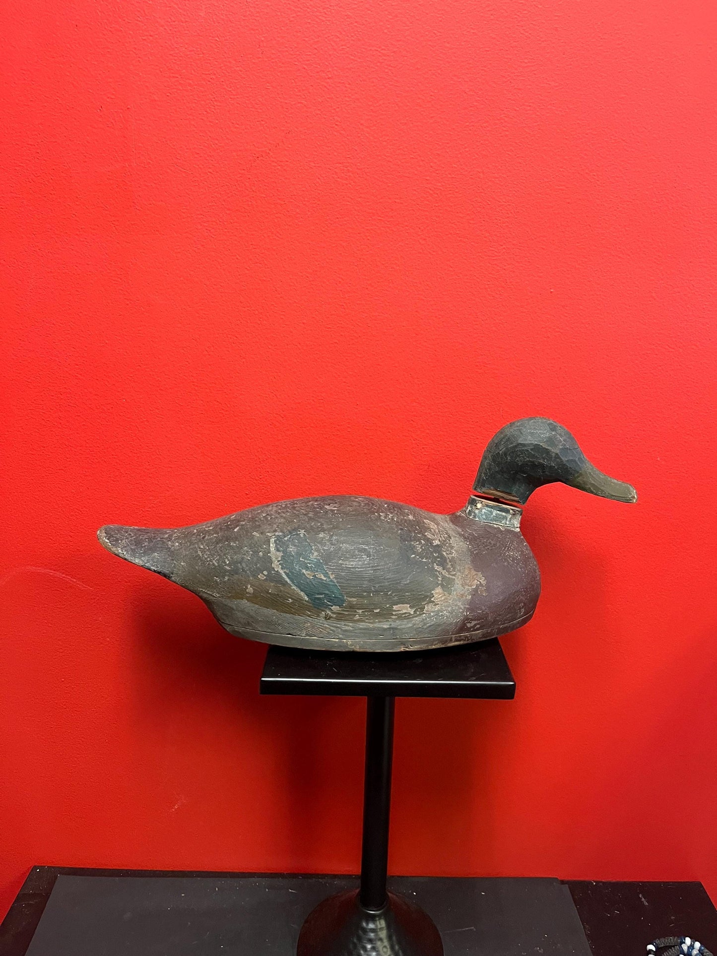 Super old  Lovely antique Canadian 18 inch long wooden painted duck decoy  damage  to neck  wonderful patina  one of the best