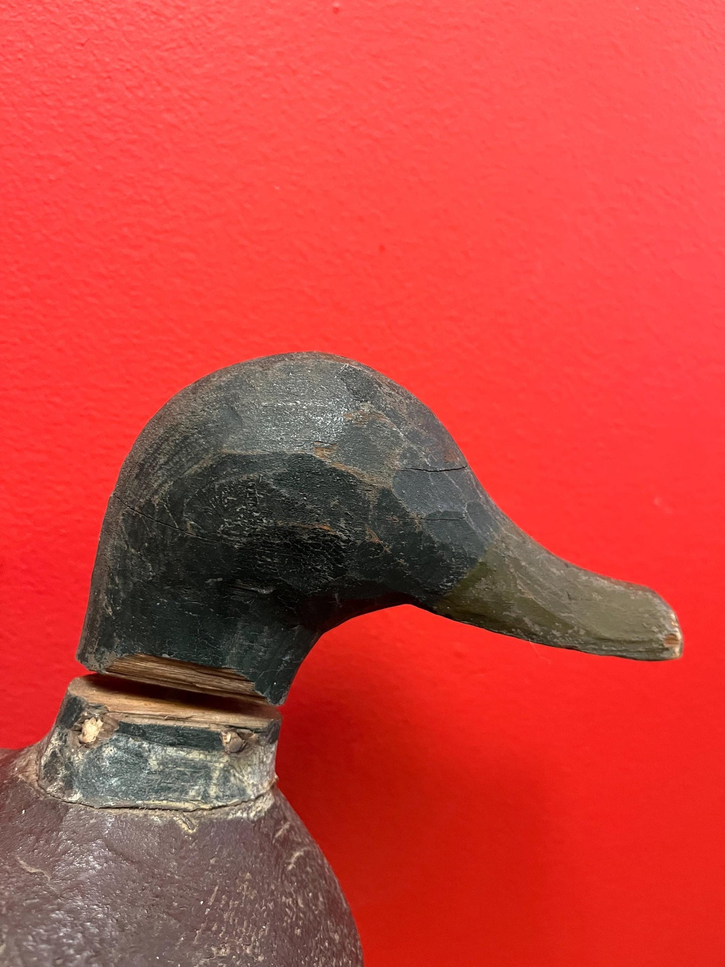 Super old  Lovely antique Canadian 18 inch long wooden painted duck decoy  damage  to neck  wonderful patina  one of the best