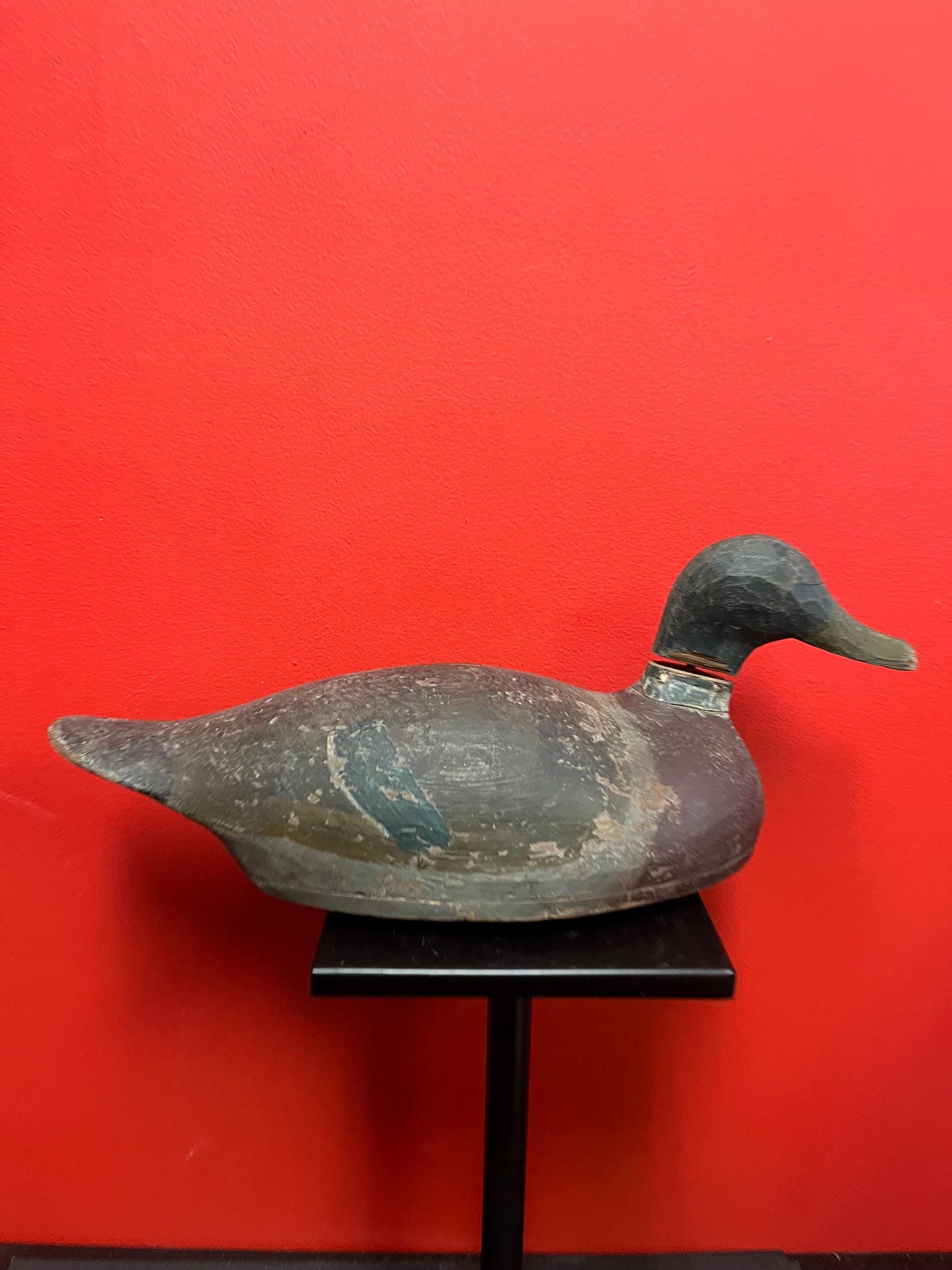 Super old  Lovely antique Canadian 18 inch long wooden painted duck decoy  damage  to neck  wonderful patina  one of the best