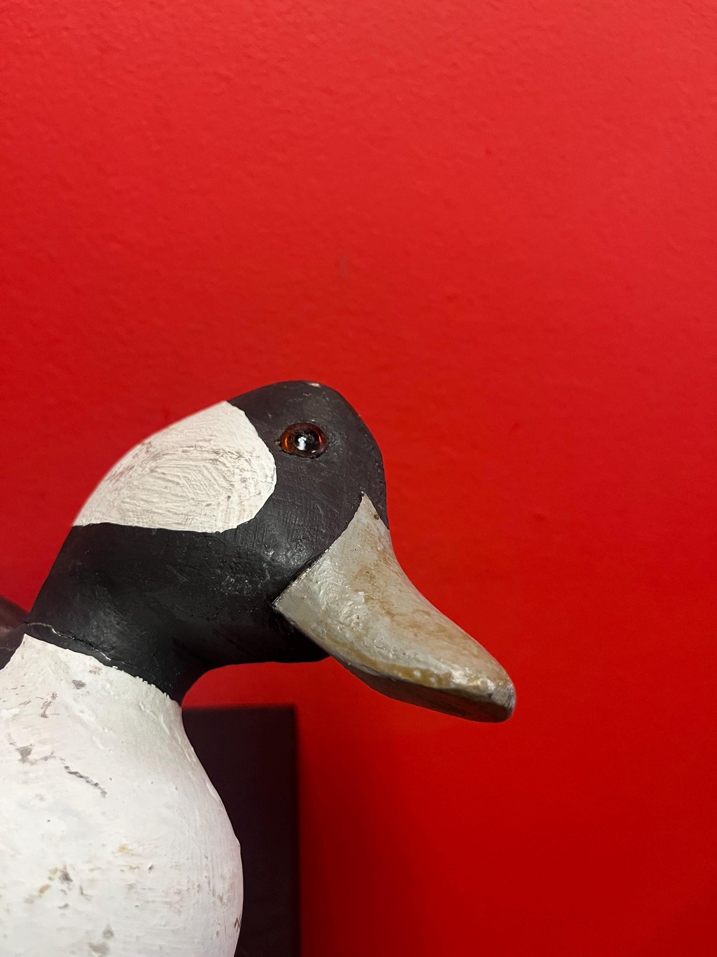 Lovely antique Canadian 12 inch long wooden painted duck decoy  crack to neck