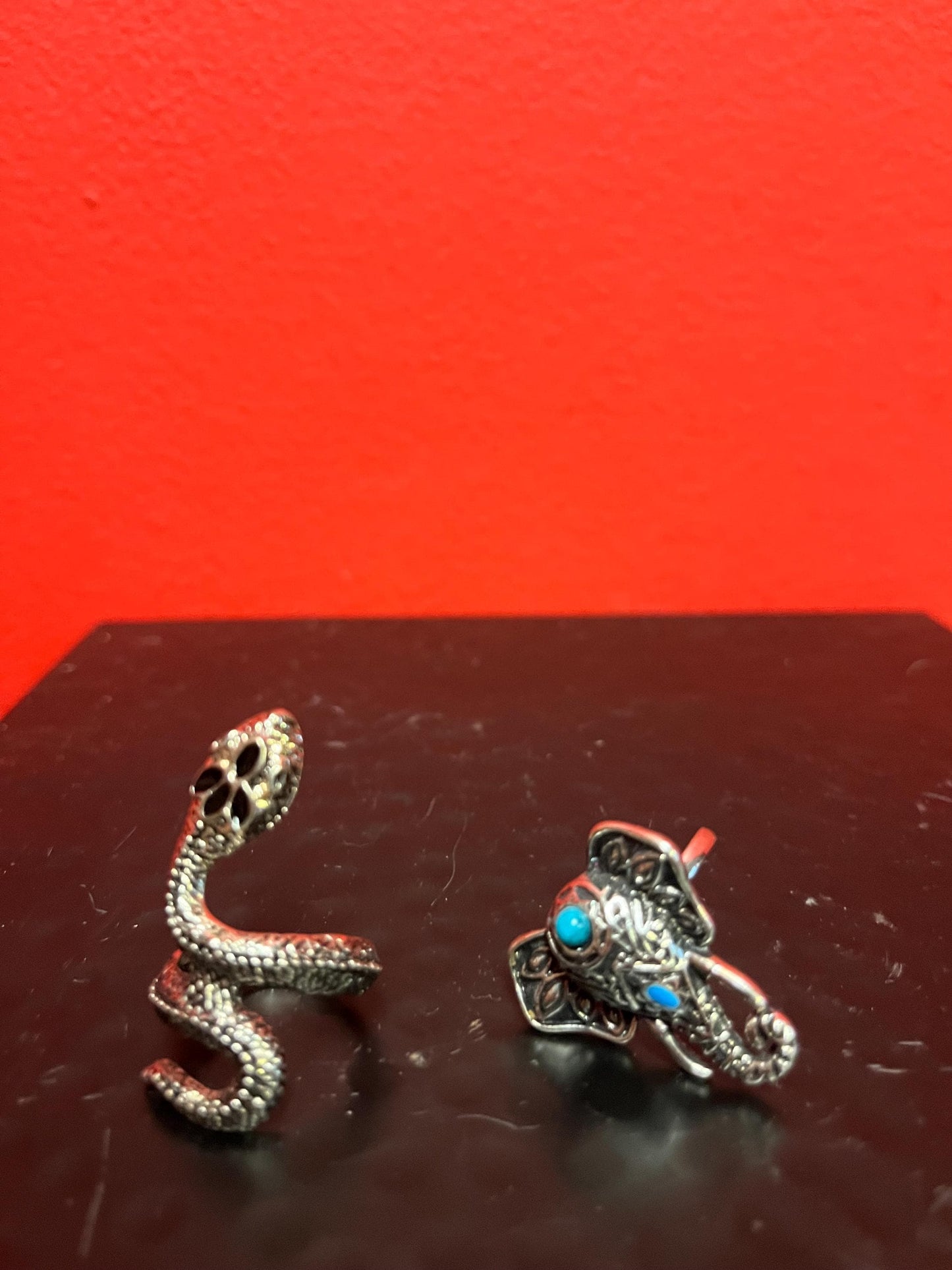 Elephant ring size 7.5 and snake ring size 6.5 approximately price for both  silver untested  great to wear or gift