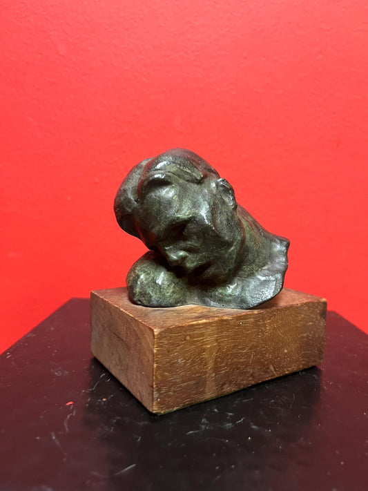 4 x 5 high lovely bronze statue of a mans head on wood base - great patina  fab gift