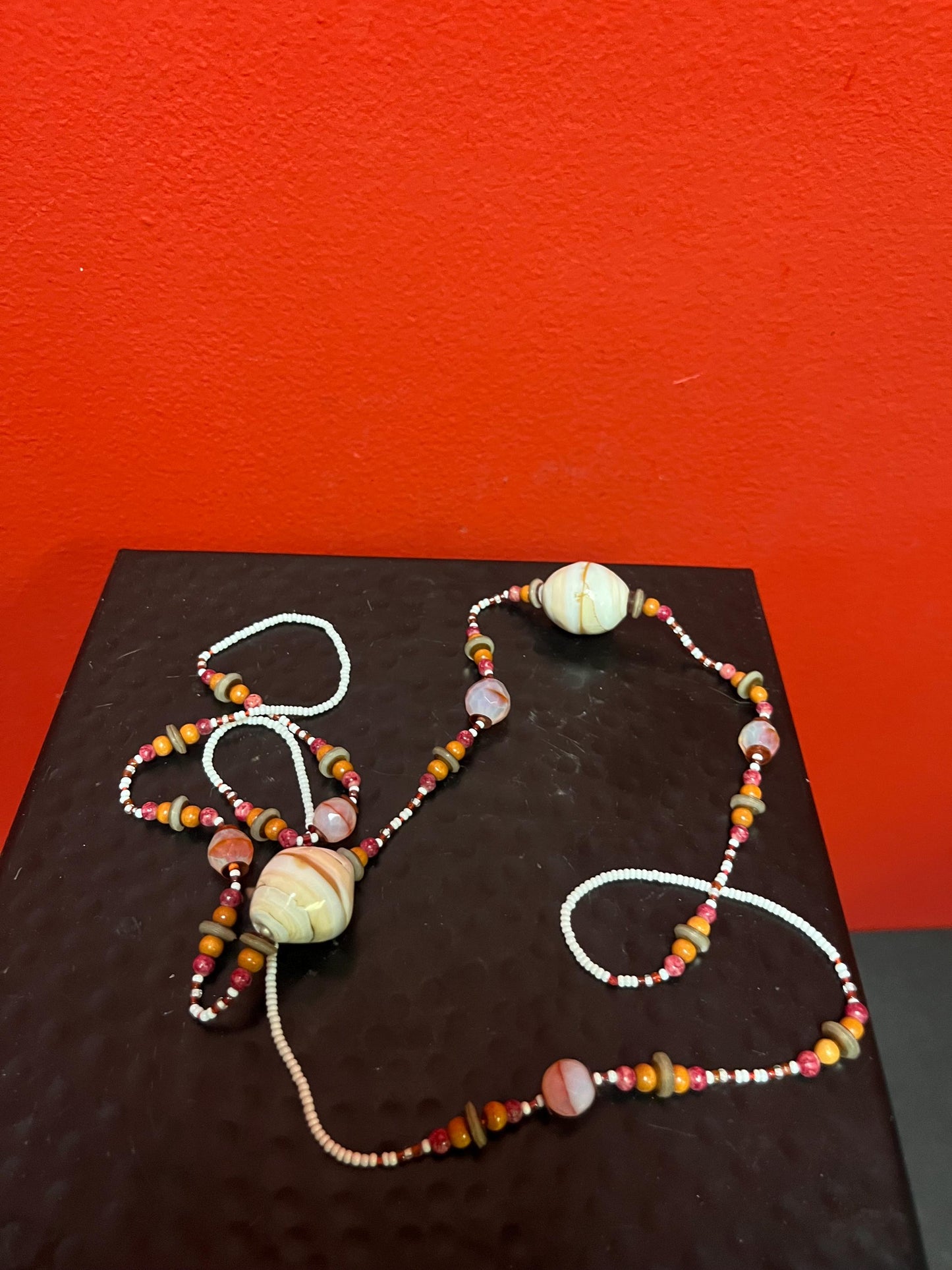 Very cool bead and glass  necklace approximately 35 inches long  no clasp